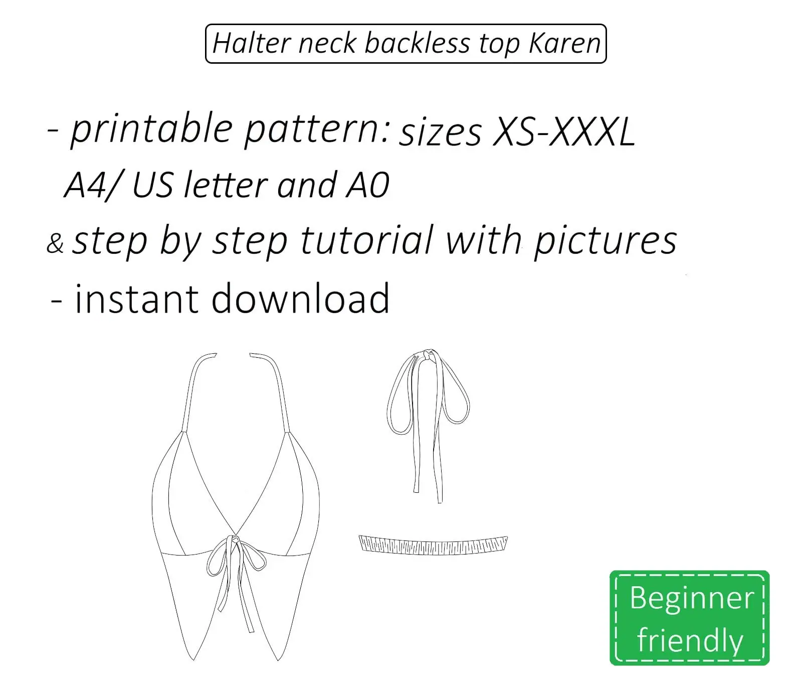 Hakter neck top sewing pattern PDF Karen + detailed tutorial 2 halter neck backless top PDF sewing pattern A0 A4 US letter