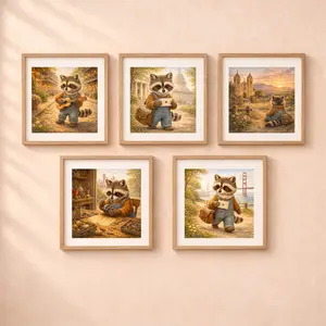 Woodland Raccoon Travel USA Wall Art set with 5 illustrations nursery decor cottagecore animal prints