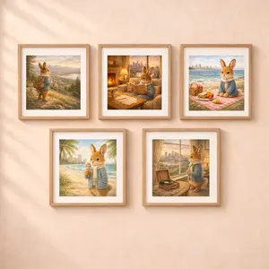 Woodland Bunny Travel USA Wall Art Set nursery decor with 5 bunny illustrations Minneapolis San Diego Miami Nashville Salt Lake City