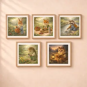 Woodland Animals Summer Wall Art Set printable fox rabbit raccoon owl hedgehog nursery decor