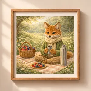 Woodland Fox Summer Wall Art Printable nursery decor fox picnic illustration Quiet Woodland