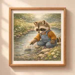 Woodland Raccoon Summer Wall Art Printable nursery decor raccoon by stream illustration Quiet Woodland