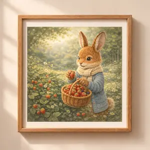 Woodland Rabbit Summer Wall Art Printable, bunny picking strawberries in forest nursery decor