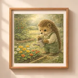 Woodland Hedgehog Summer Wall Art Printable hedgehog watering flowers garden nursery decor