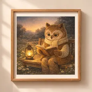 Woodland Owl Summer Wall Art Printable owl reading book lantern evening nursery decor