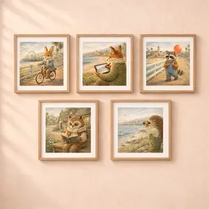Woodland USA Travel Wall Art Set animals nursery decor fox raccoon owl rabbit hedgehog