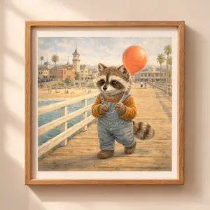 Woodland Raccoon Santa Cruz Wall Art Printable raccoon with balloon pier coastal nursery decor