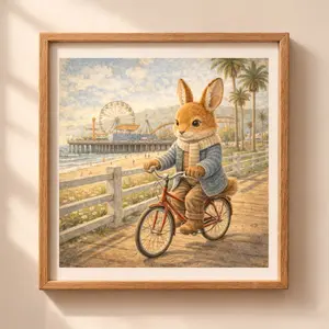 Woodland Rabbit Santa Monica Wall Art Printable bunny riding bicycle pier beach nursery decor