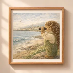 Woodland Hedgehog Monterey Wall Art Printable hedgehog with binoculars ocean coastal nursery decor