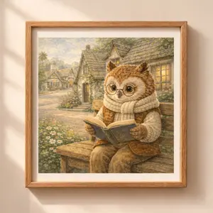 Woodland Owl Carmel Wall Art Printable owl reading book cottage village nursery decor