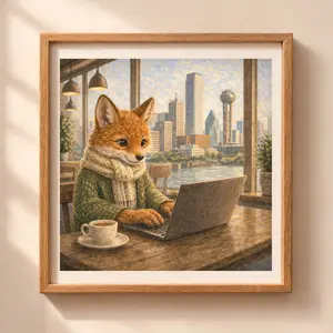 Woodland Fox Dallas Wall Art Printable, fox with laptop in cafe Dallas skyline nursery decor