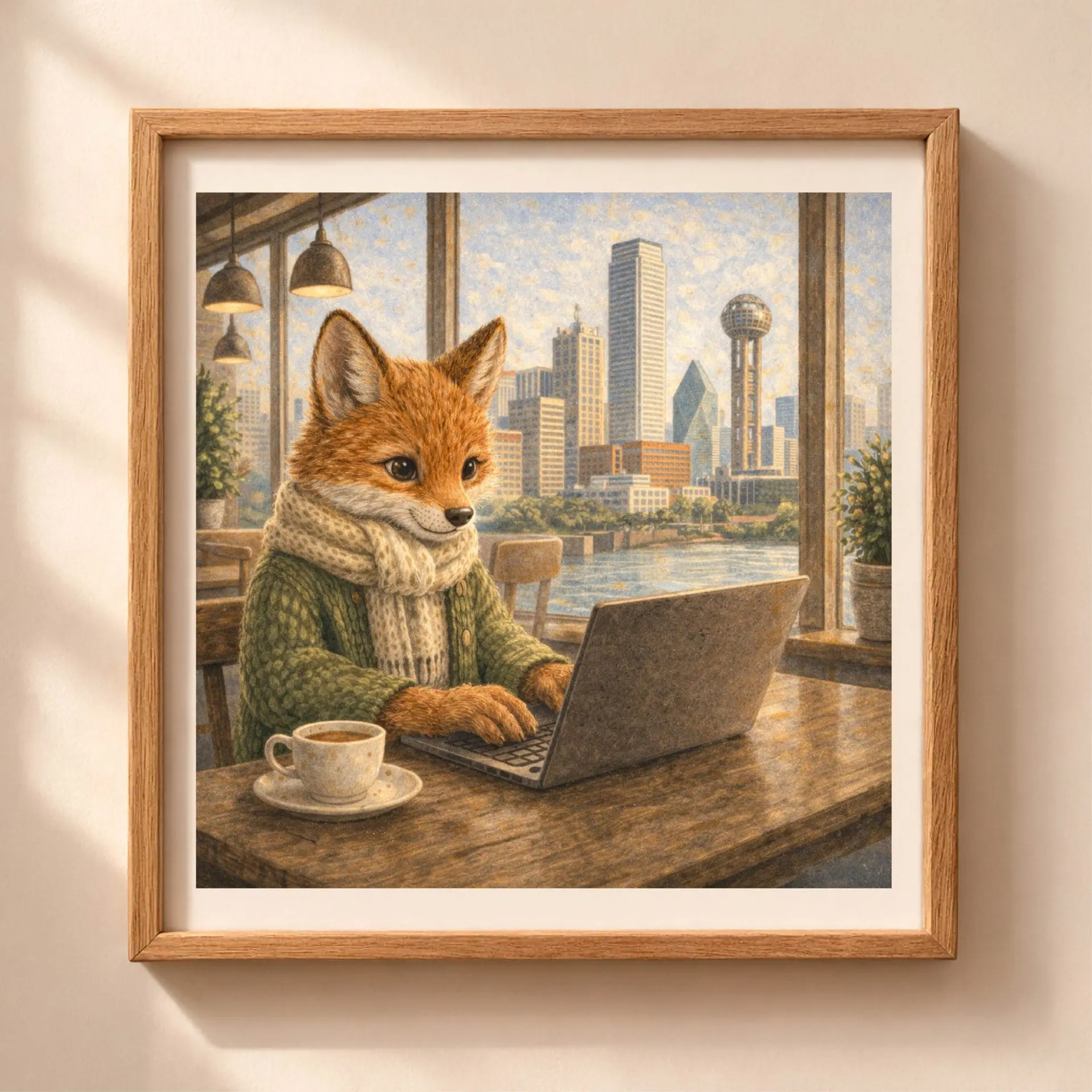Woodland Fox Dallas Wall Art Printable Nursery Decor 1 Woodland Fox Dallas Wall Art Printable, fox with laptop in cafe Dallas skyline nursery decor