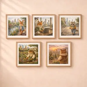 Woodland USA travel wall art set fox raccoon rabbit hedgehog owl Texas cities