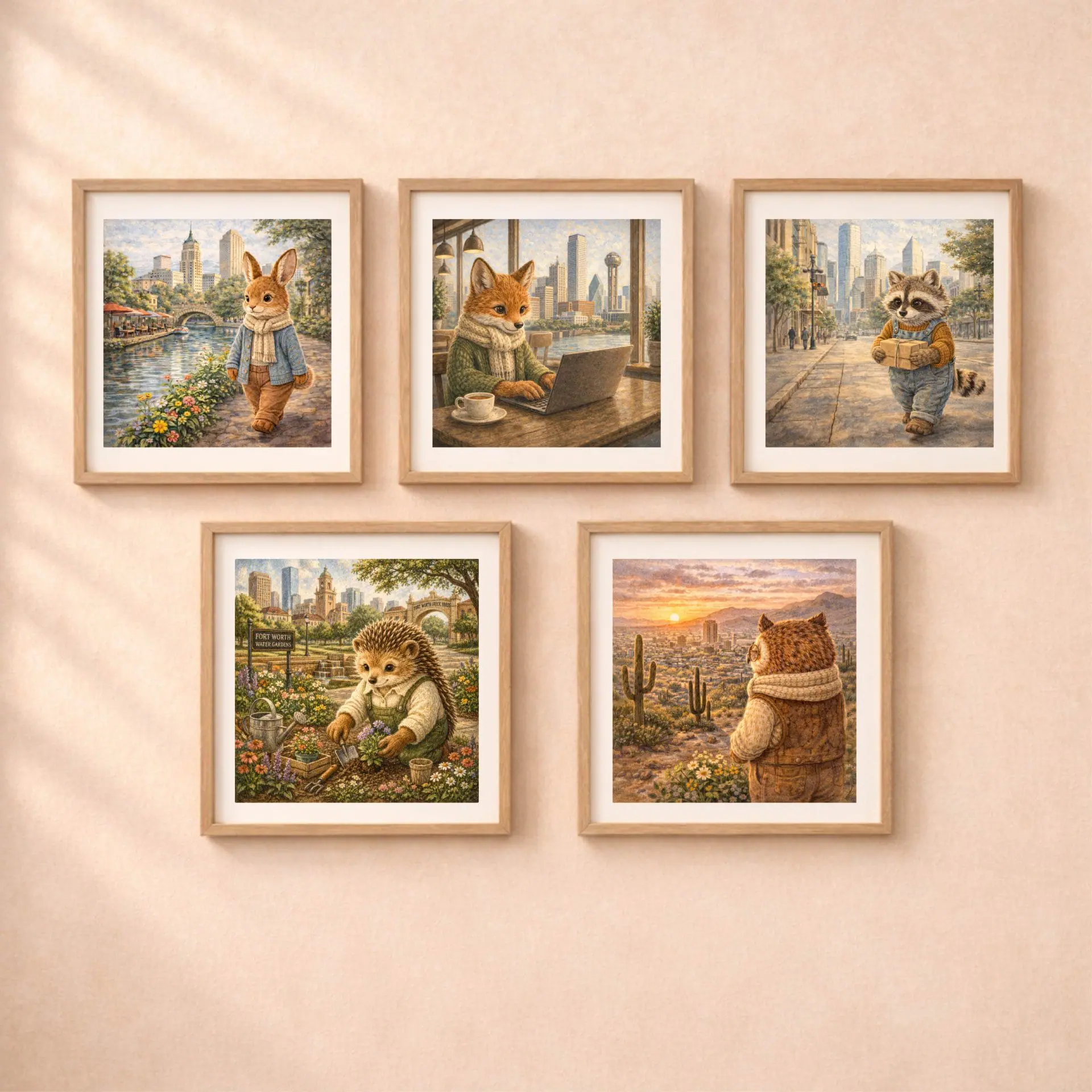 Woodland USA Travel Wall Art Set Printable Nursery Decor 1 Woodland USA travel wall art set fox raccoon rabbit hedgehog owl Texas cities