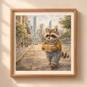 Woodland Raccoon Houston Wall Art Printable raccoon walking city street nursery decor