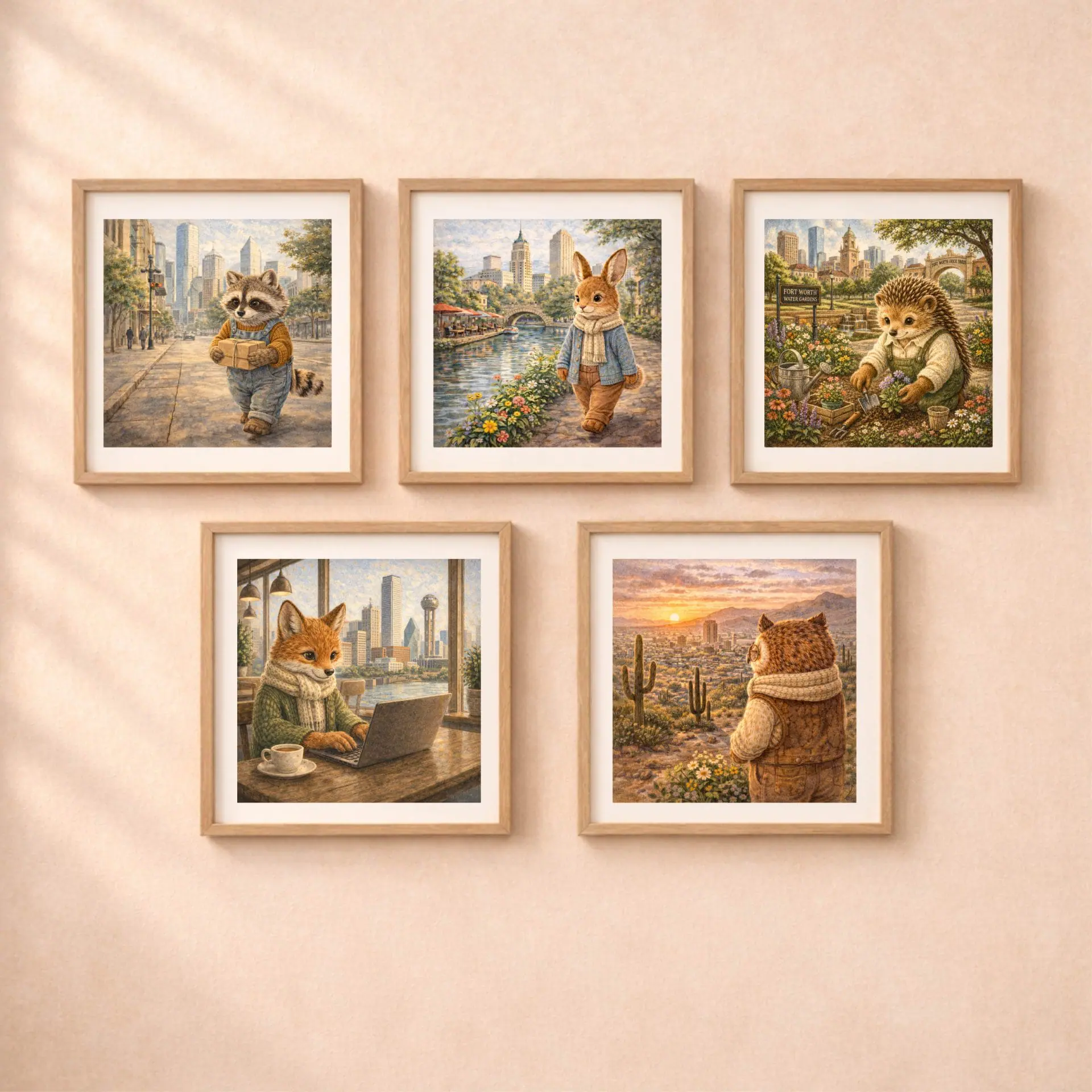 Woodland Rabbit San Antonio Wall Art Printable Nursery Decor 6 Woodland USA Travel Wall Art Set animals nursery decor fox raccoon rabbit owl hedgehog