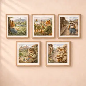woodland usa travel animal wall art collection fox raccoon rabbit hedgehog owl