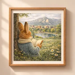 Woodland Rabbit Boulder wall art printable nursery decor mountain lake illustration