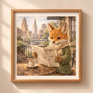 Woodland Fox Cleveland wall art printable cozy city terrace illustration