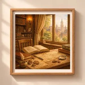 Woodland Boston Interior Wall Art Printable cozy study room city view cottagecore decor