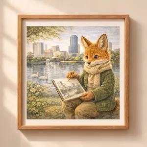 Woodland Fox Orlando Wall Art Printable, fox drawing by lake Orlando skyline nursery decor