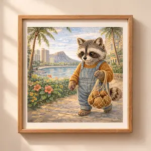 Woodland Raccoon Honolulu Wall Art Printable tropical raccoon illustration Hawaii nursery decor