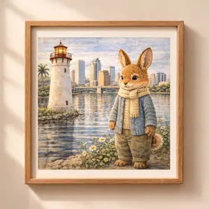 Woodland Rabbit Tampa Wall Art Printable bunny coastal nursery decor lighthouse illustration