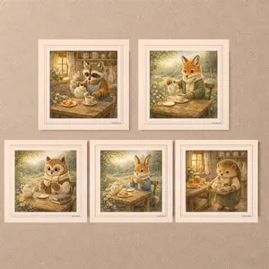 Woodland Tea Time Printable Postcards set with fox raccoon rabbit owl hedgehog cottagecore animals