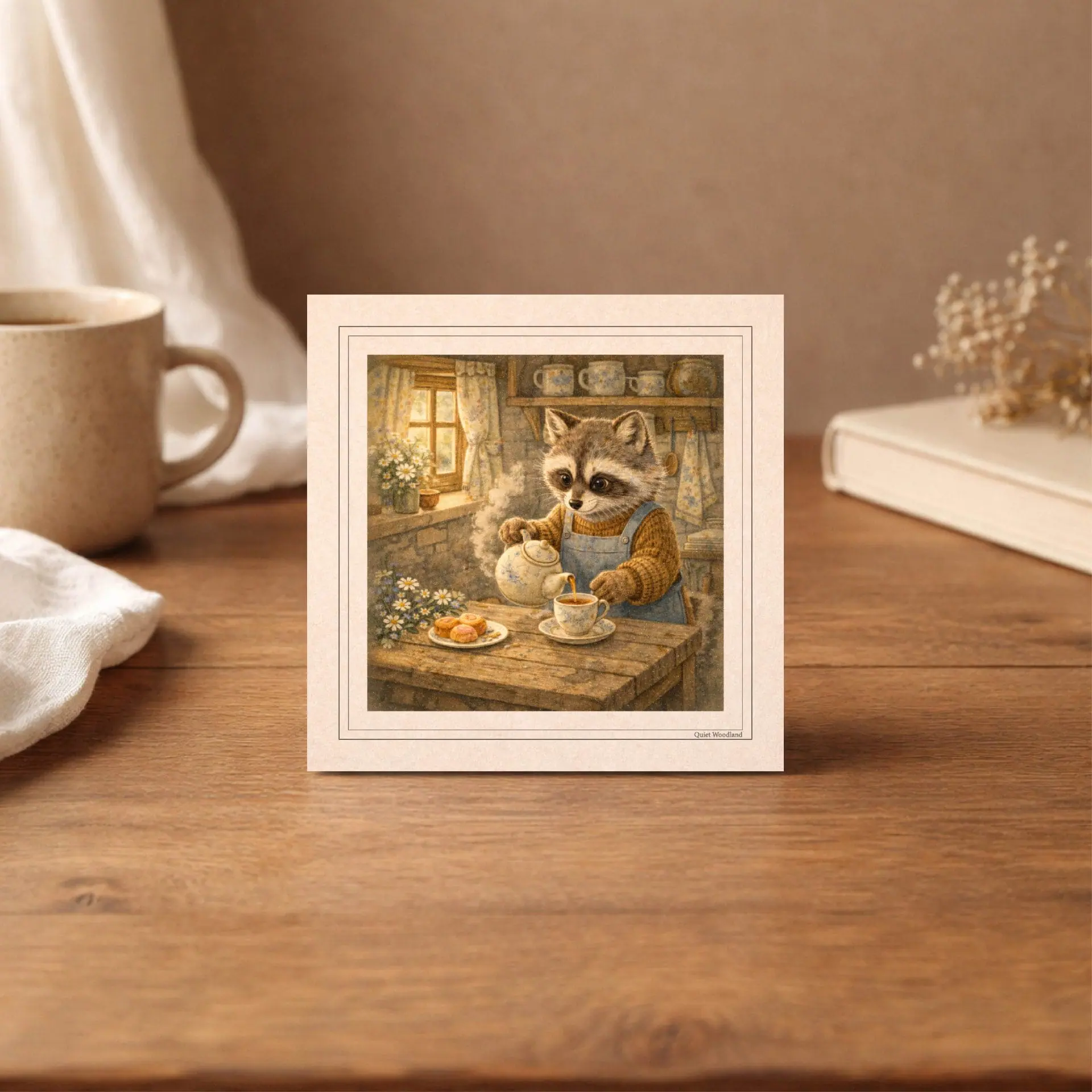 Woodland Tea Time Printable Postcards Cottagecore Set 2 Woodland raccoon tea time printable postcard cottagecore animal art