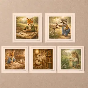 Woodland Animal Professions Printable Postcards set with fox raccoon rabbit owl hedgehog cottagecore illustrations Quiet Woodland