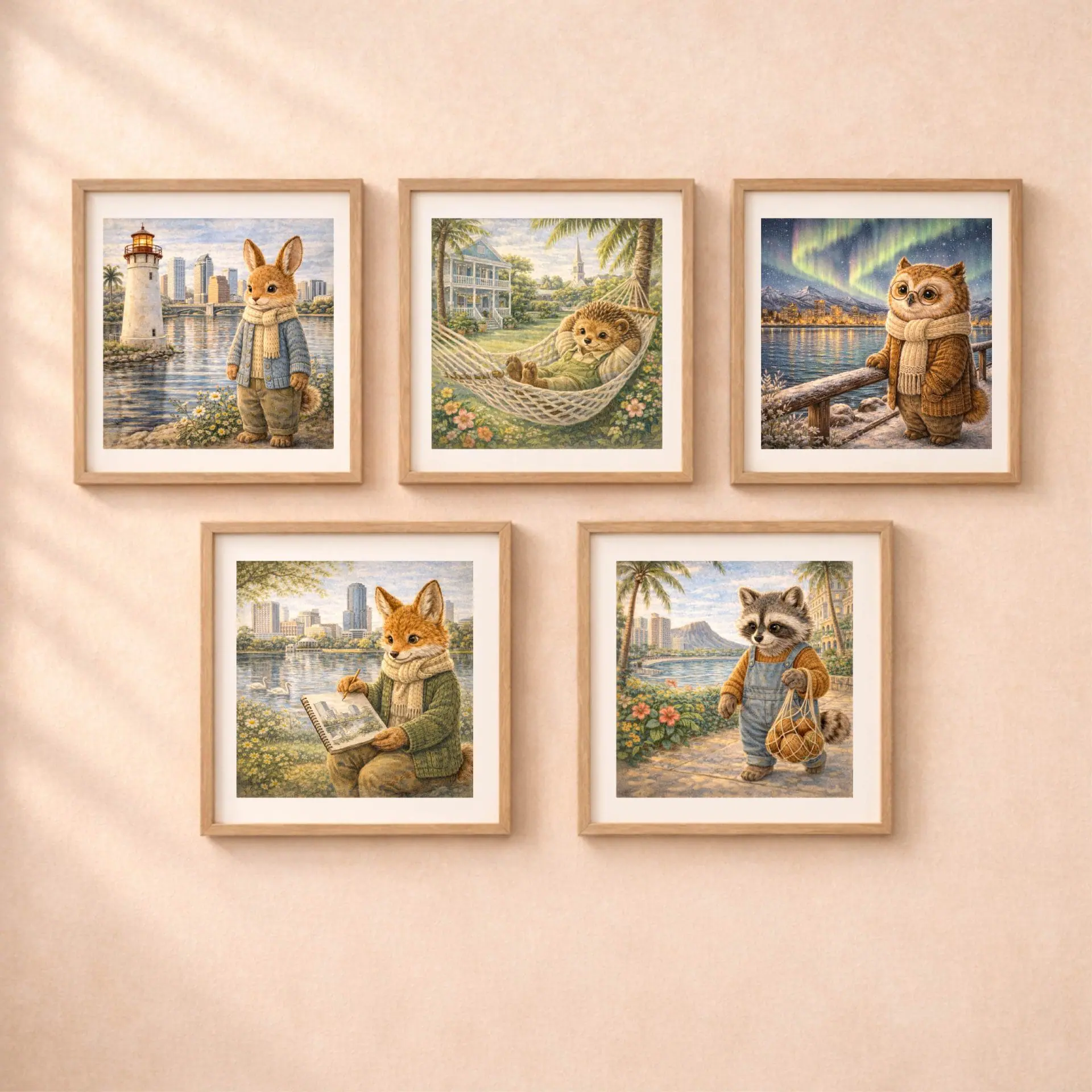 Woodland Hedgehog Key West Wall Art Printable Decor 6 woodland usa travel animal wall art set fox hedgehog owl raccoon bunny