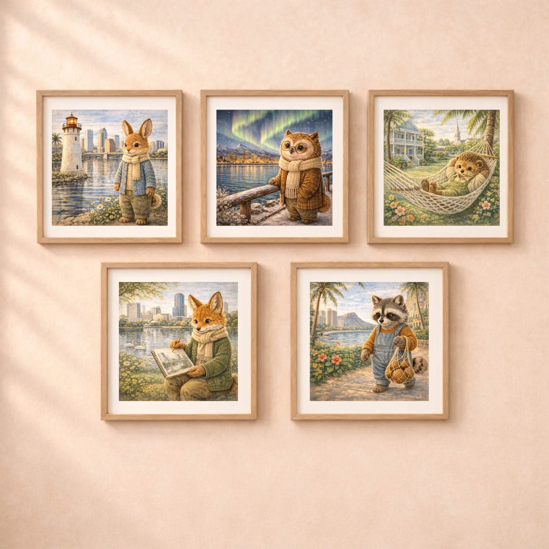 Woodland Owl Anchorage Wall Art Printable Nursery Decor 6 woodland usa travel animal wall art set owl fox rabbit raccoon hedgehog