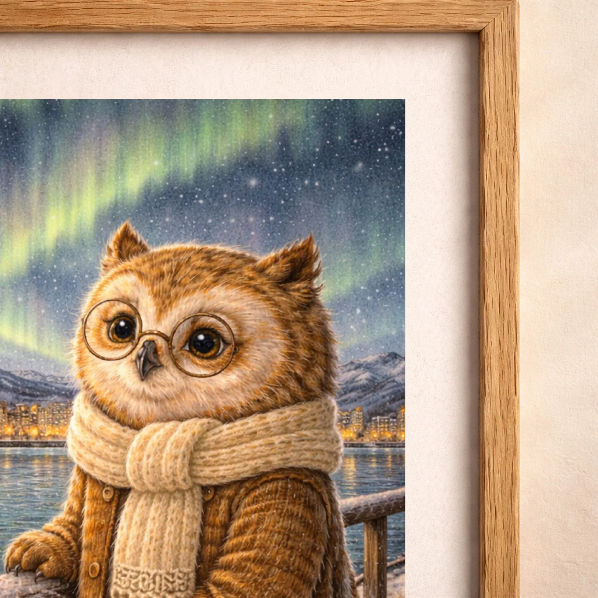 Woodland Owl Anchorage Wall Art Printable Nursery Decor 4 owl illustration detail northern lights winter scene
