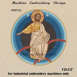 Icon Ascension of Christ machine embroidery design in round shape