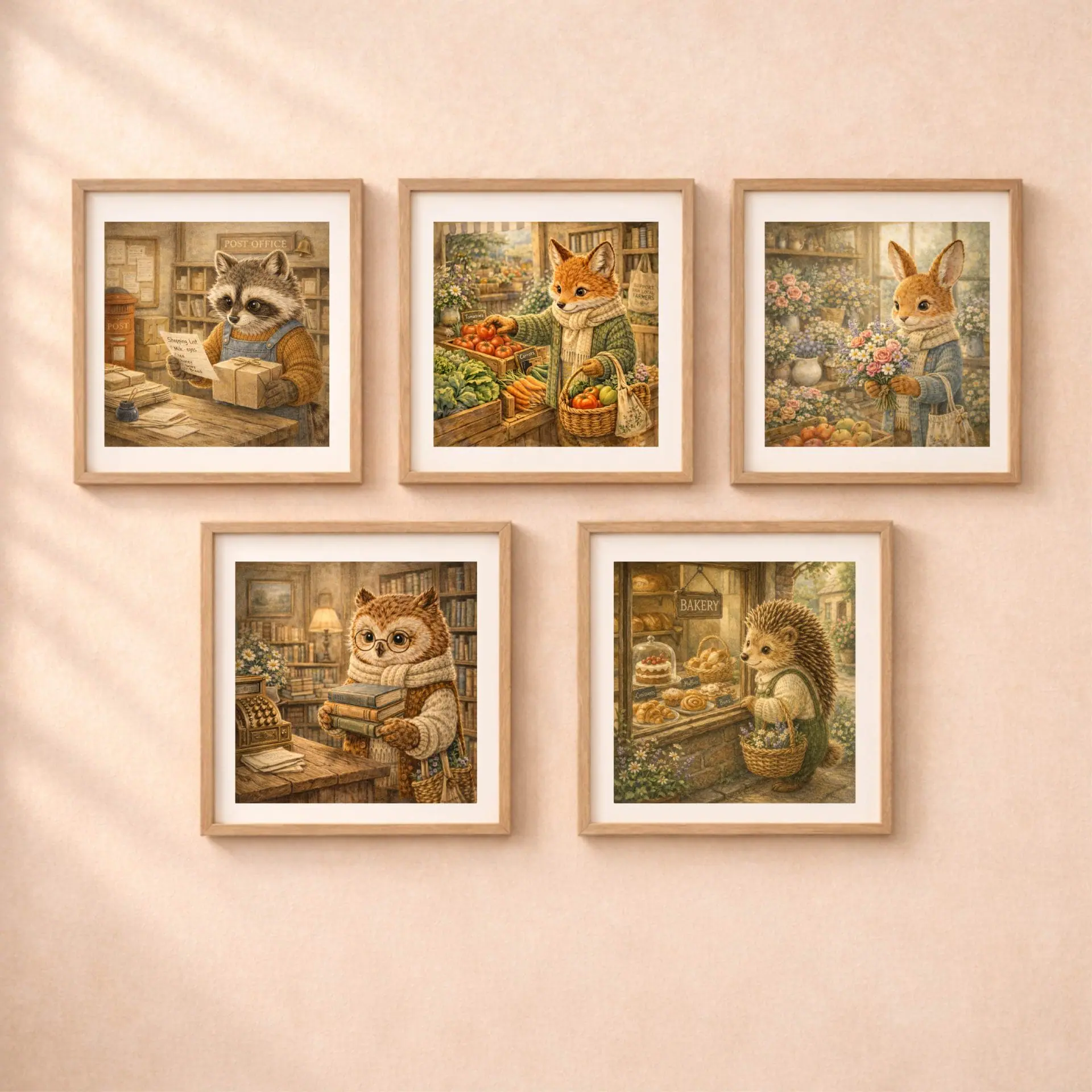 Woodland Fox Market Wall Art Printable Nursery Decor 6 woodland shopping animals wall art set fox raccoon bunny owl hedgehog printable