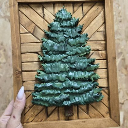 Handmade wooden 3D art, pine tree on a mosaic