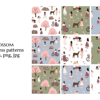 Set of Seamless Vector Patterns with Spring Girls and Blossom