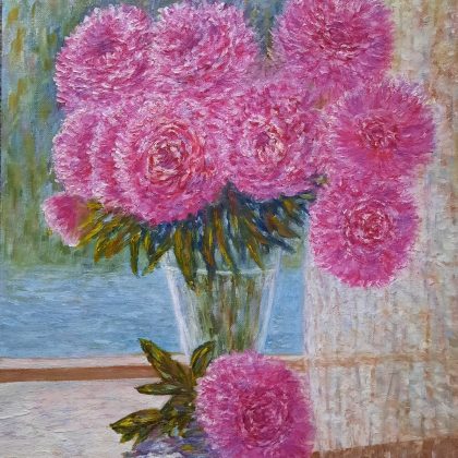 Pink asters in a vase original oil painting. Free delivery!