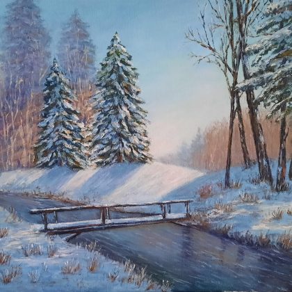 Snowy winter landscape original oil painting. Free delivery!