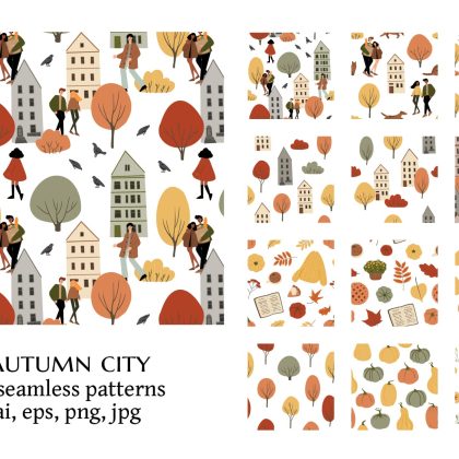 Autumn Seamless Patterns with Pumpkins, Fall Houses Background