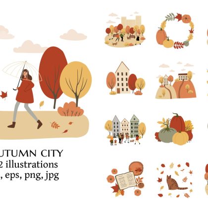 Autumn City Scenes with People and Houses, Fall Illustration Set