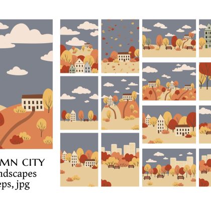 Autumn Park and Fall City Landscapes Vector Illustration Set