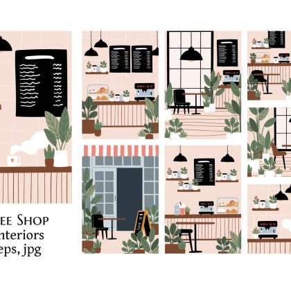 Dog Friendly Coffee Shop Interior and Exterior Cafe Scenes Set