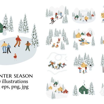 Winter Sports and Village Life Illustration Set