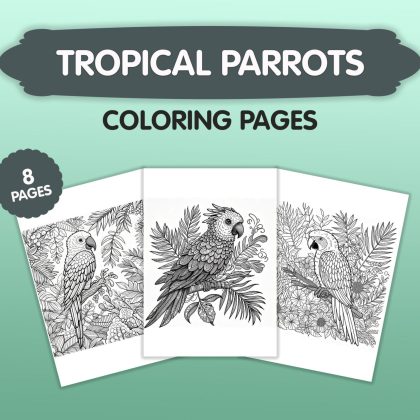 Tropical Parrots Coloring Book,Set of 8 Coloring Pages