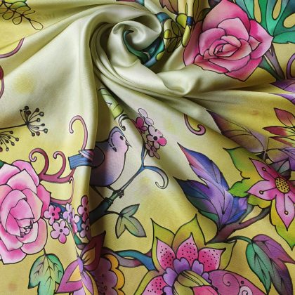 Hand painted silk scarf with birds and flowers