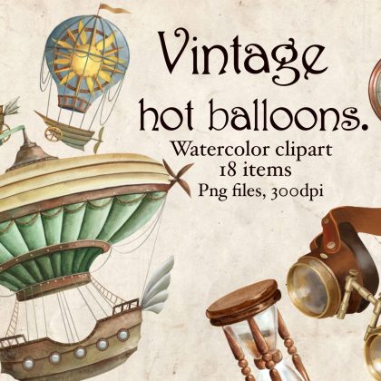 Vintage Air Balloons Watercolor clipart,vintage items