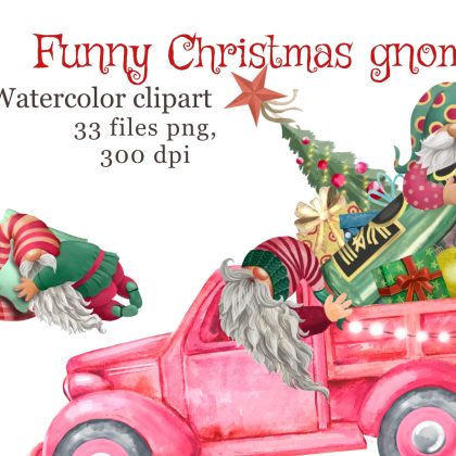 Cute Christmas gnomes with champagne, watercolor clipart.