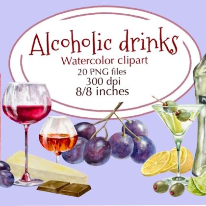 Alcohol Drinks Watercolor Clipart.Wine clip art ,Glass wine