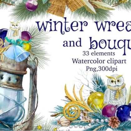 Christmas bouquets, winter wreath, watercolor arrangements